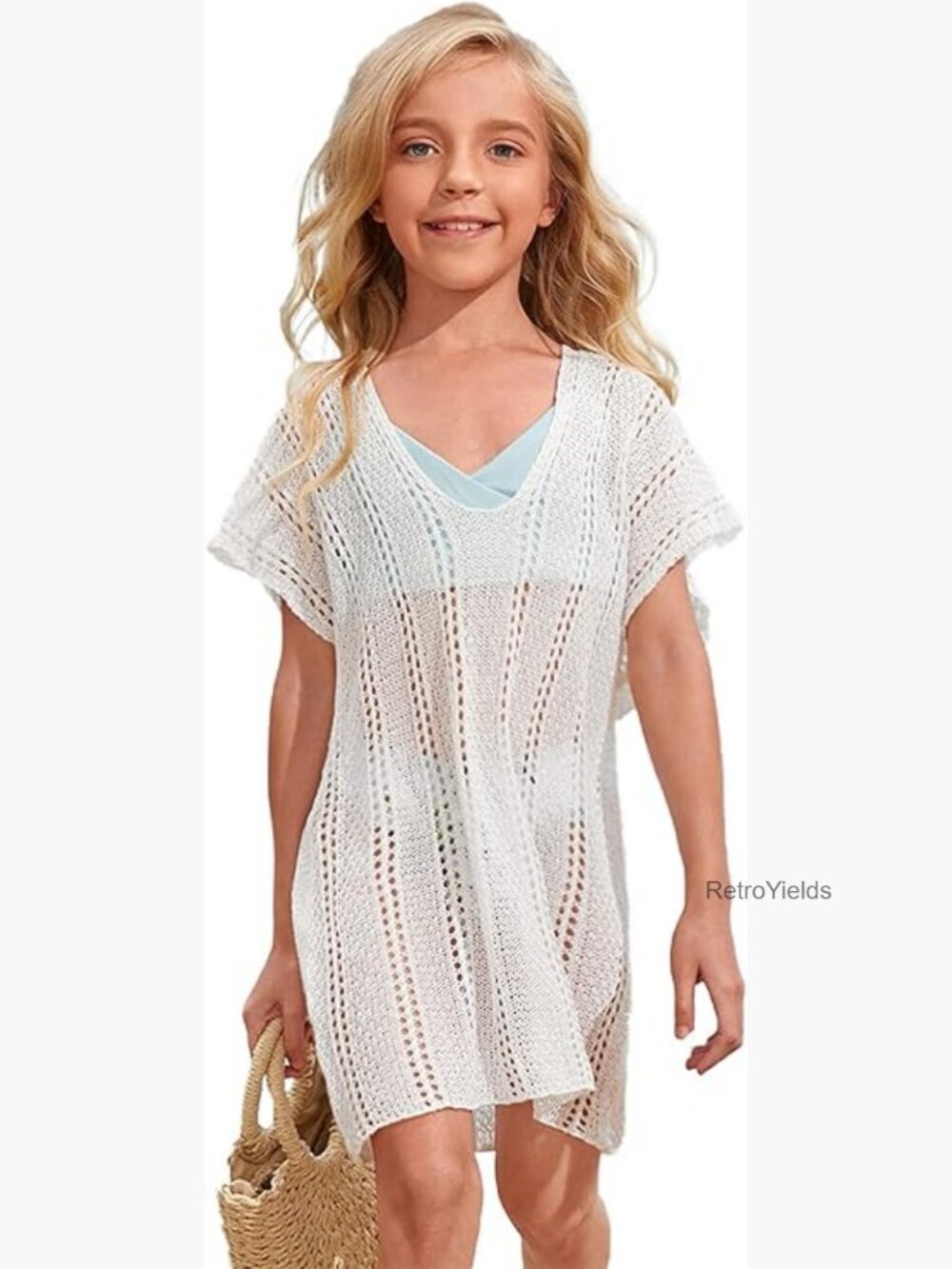 Girls V Neck Crochet Short Sleeve Beach Dress Swimsuit Cover Up